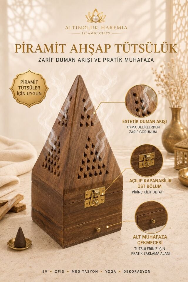 Piramit Ahşap Tütsülük | Çekmeceli Dekoratif Piramit Tütsü Kabı