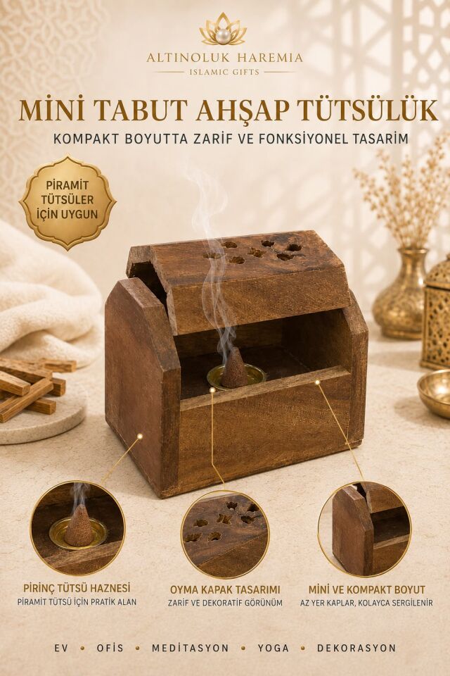 Mini Tabut Ahşap Tütsülük | Piramit Tütsü Uyumlu Dekoratif Tütsü Kabı