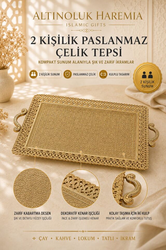 2 Kişilik Paslanmaz Çelik Tepsi | Kulplu Dekoratif Sunum Tepsisi