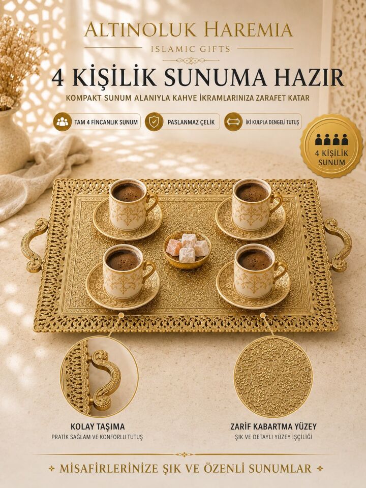 4 Kişilik Paslanmaz Çelik Tepsi | Kulplu Dekoratif Sunum Tepsisi