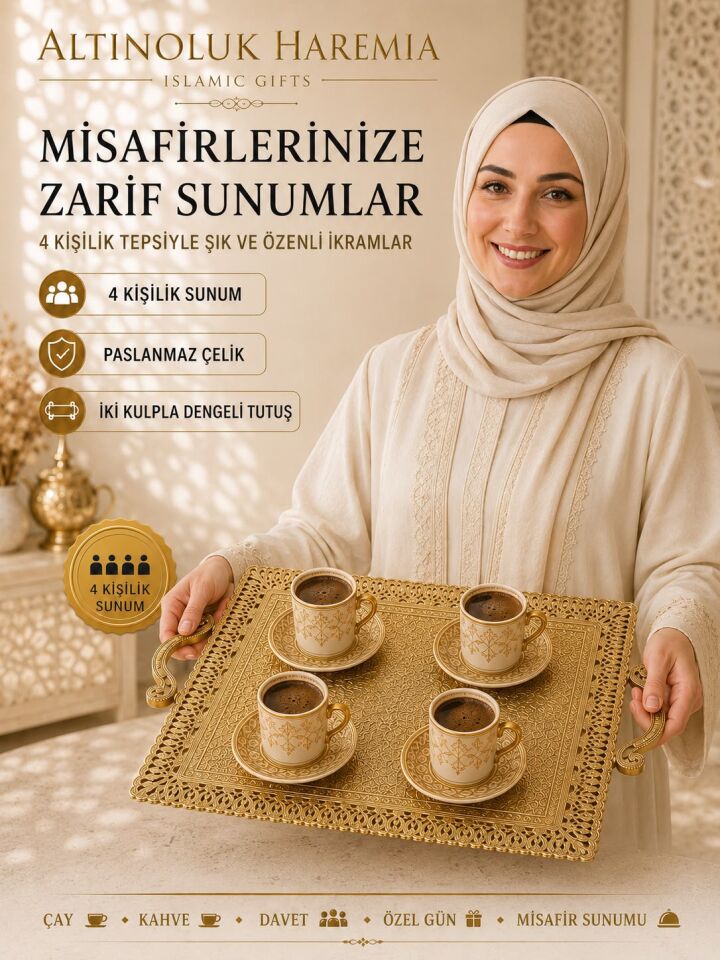 4 Kişilik Paslanmaz Çelik Tepsi | Kulplu Dekoratif Sunum Tepsisi
