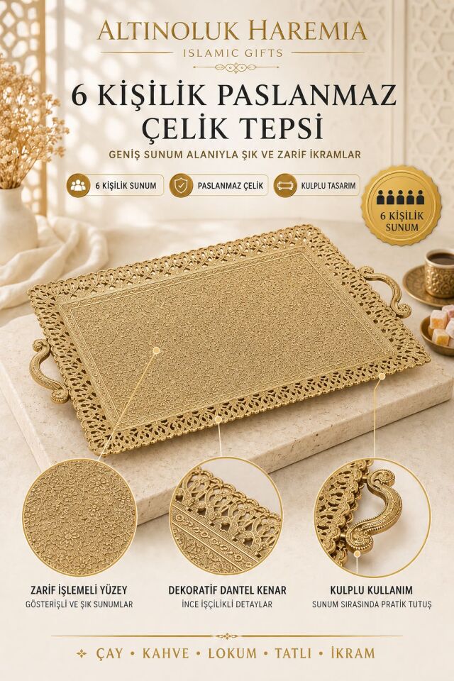 6 Kişilik Paslanmaz Çelik Tepsi | Kulplu Dekoratif Sunum Tepsisi