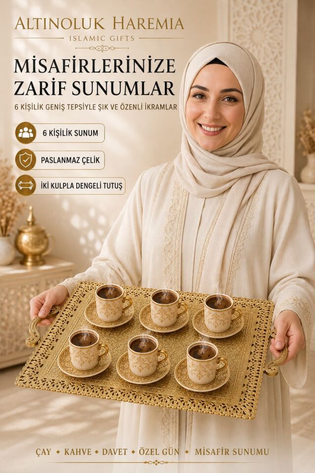 6 Kişilik Paslanmaz Çelik Tepsi | Kulplu Dekoratif Sunum Tepsisi