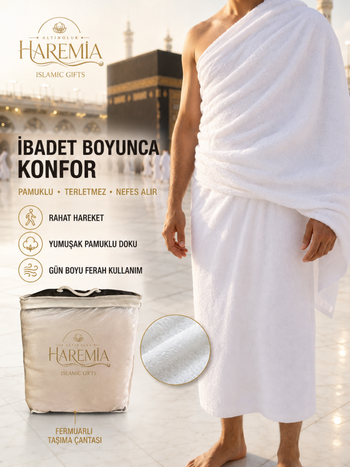 Pamuklu İhram | Hac ve Umre İçin Nefes Alan Yumuşak İhram Fermuarlı Taşıma Çantalı