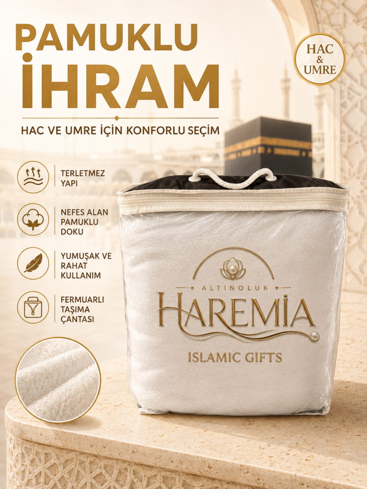 Pamuklu İhram | Hac ve Umre İçin Nefes Alan Yumuşak İhram Fermuarlı Taşıma Çantalı