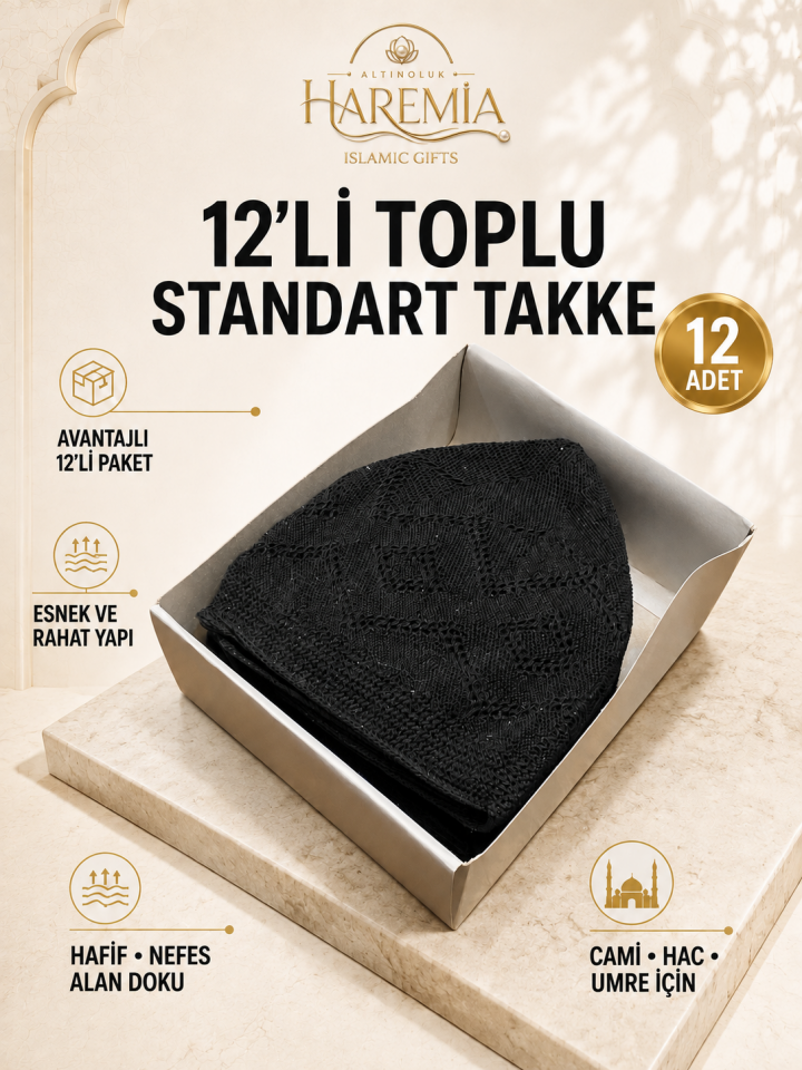 12'li Toplu Standart Takke | Esnek Nefes Alan Hac Umre ve Cami Takkesi