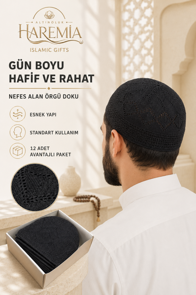 12'li Toplu Standart Takke | Esnek Nefes Alan Hac Umre ve Cami Takkesi