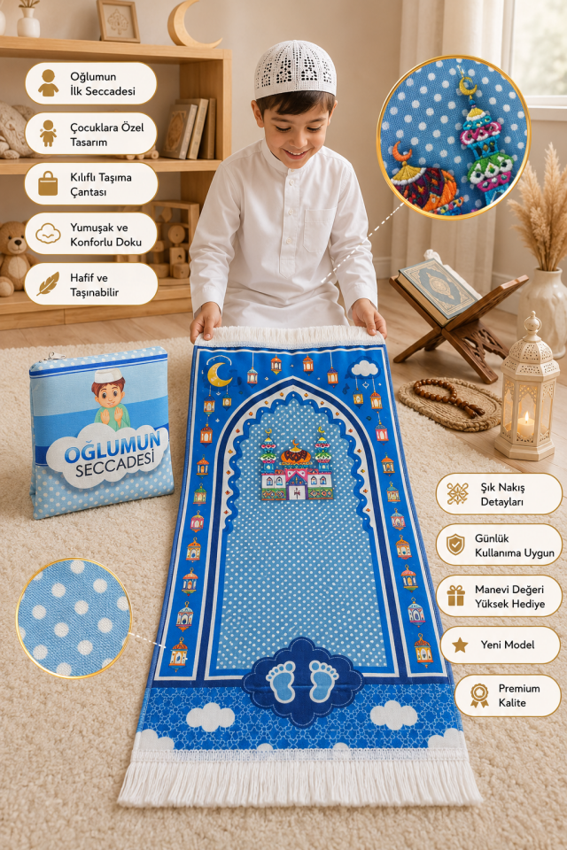 Çantalı Çocuk Seccadesi | Oğlumun İlk Seccadesi Fermuarlı Taşınabilir Model
