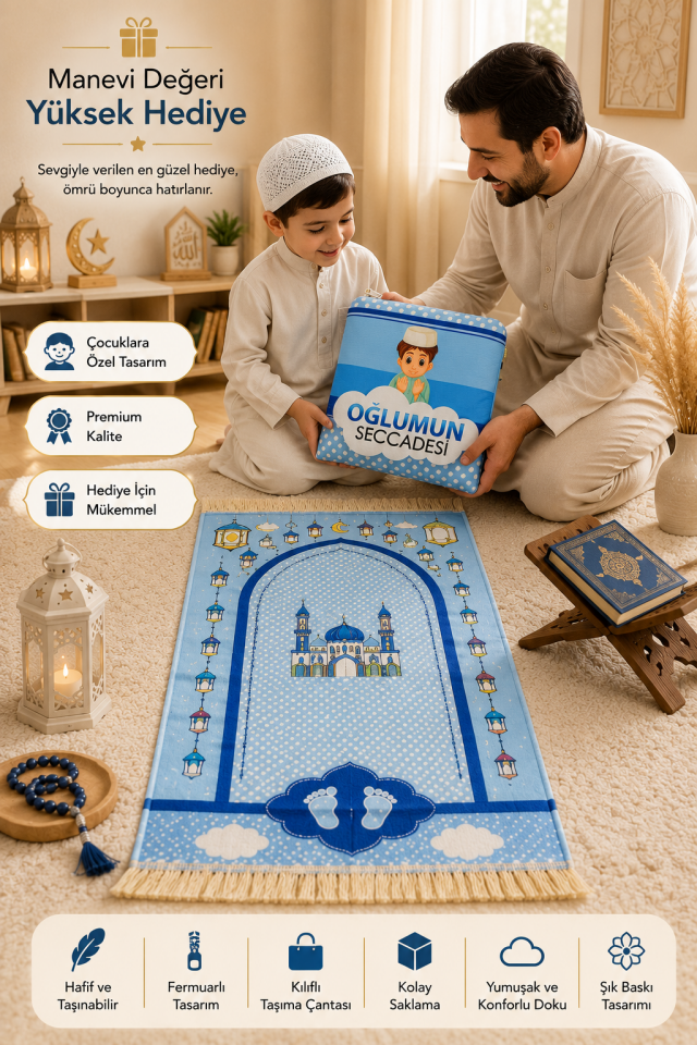 Çantalı Çocuk Seccadesi | Oğlumun İlk Seccadesi Fermuarlı Taşınabilir Model