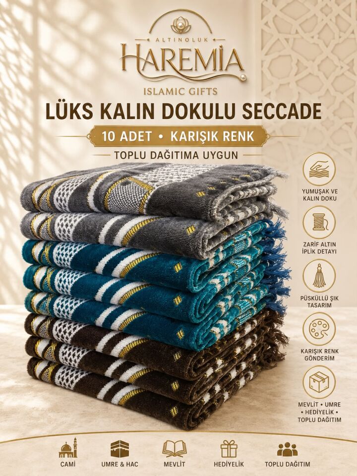 10'lu Lüks Kalın Dokulu Seccade | Karışık Renk Toplu Hediyelik Namaz Seccadesi