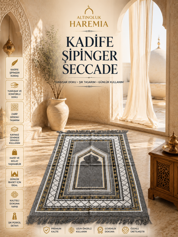 Kadife Şipinger Seccade | Yumuşak Dokulu Desenli Püsküllü Namaz Seccadesi