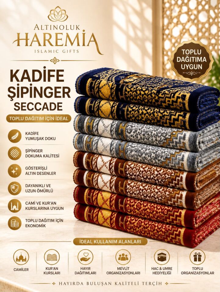 Kadife Şipinger Seccade | Yumuşak Dokulu Desenli Püsküllü Namaz Seccadesi