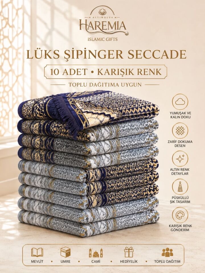 10'lu Lüks Şipinger Seccade | Karışık Renk Toplu Hediyelik Namaz Seccadesi