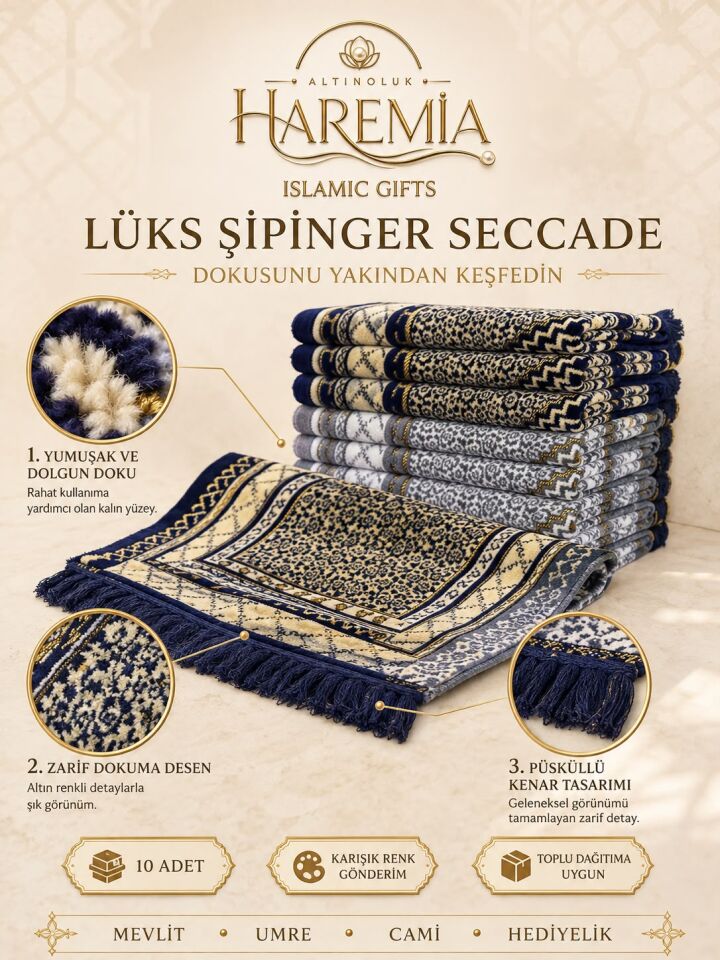10'lu Lüks Şipinger Seccade | Karışık Renk Toplu Hediyelik Namaz Seccadesi
