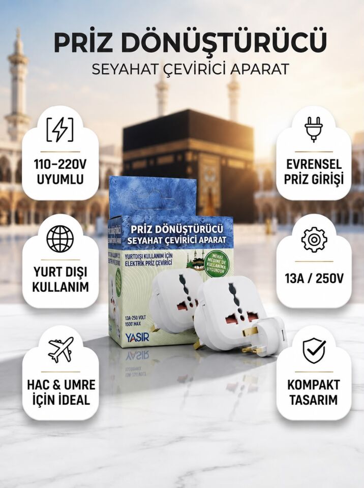 Hac Umre Priz Dönüştürücü | Evrensel Girişli Seyahat Priz Çevirici Adaptör