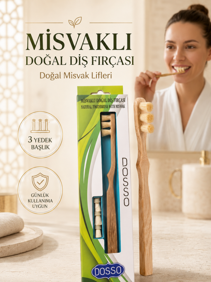 Misvaklı Doğal Diş Fırçası | 3 Yedek Başlıklı Misvak Lifli Diş Fırçası
