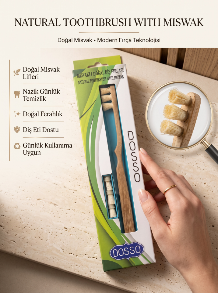 Misvaklı Doğal Diş Fırçası | 3 Yedek Başlıklı Misvak Lifli Diş Fırçası