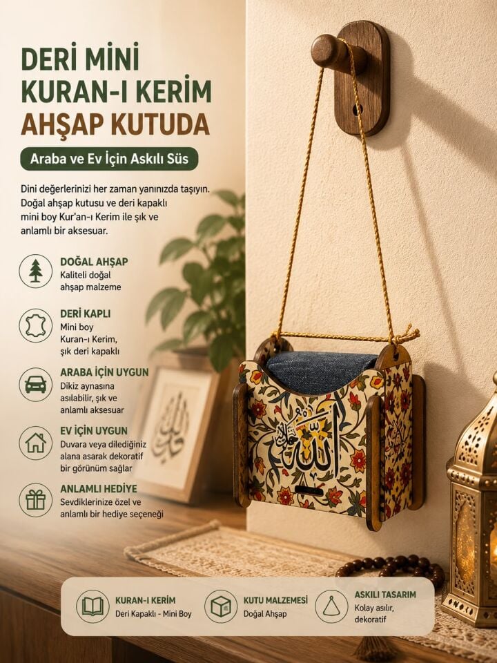Ahşap Kutulu Mini Kuran | Deri Kaplı Askılı Araç ve Ev Süsü