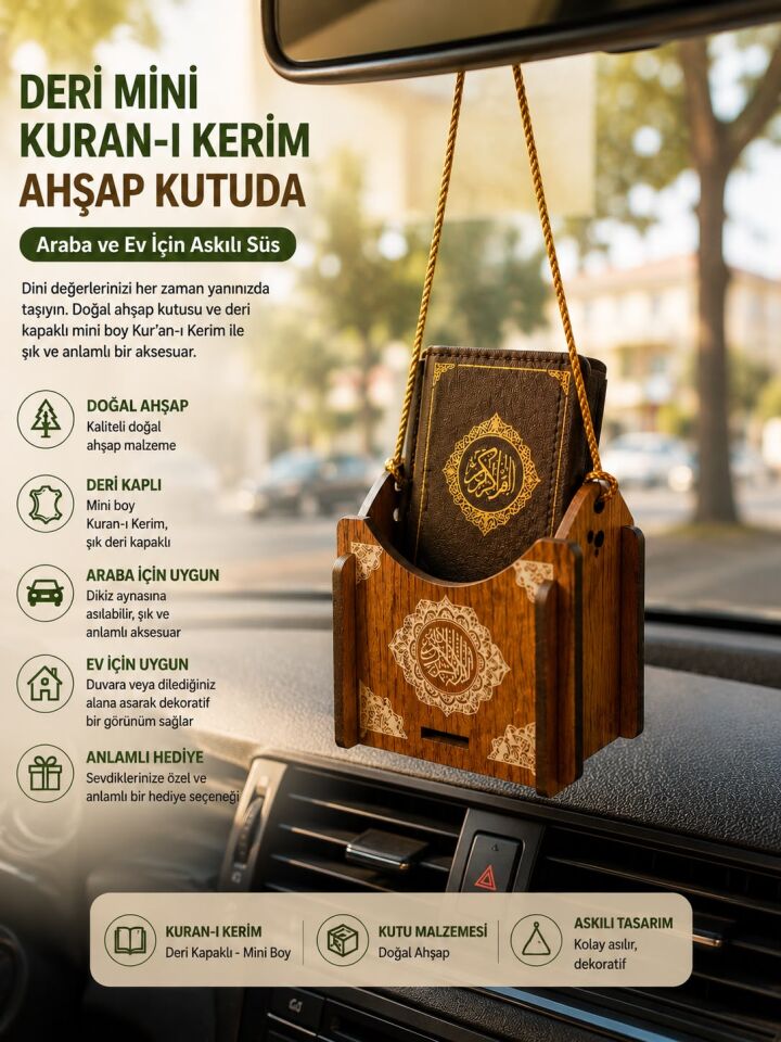 Ahşap Kutulu Mini Kuran | Deri Kaplı Askılı Araç ve Ev Süsü