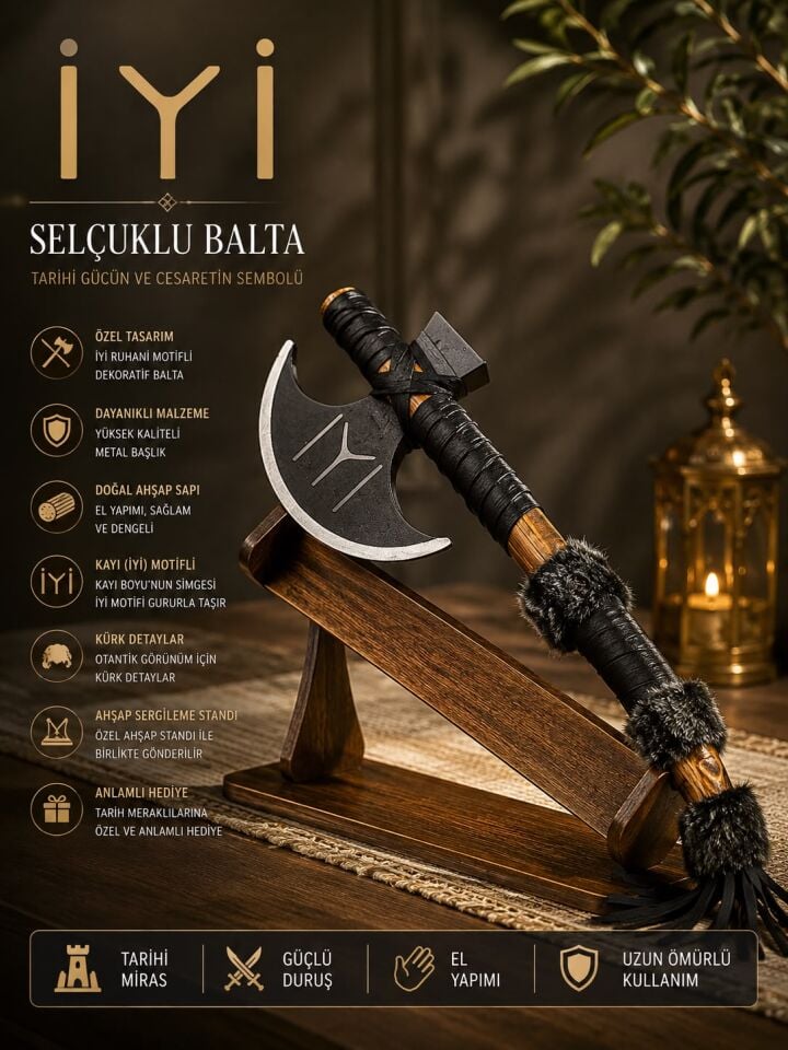 Dekoratif Selçuklu Baltası Ahşap Standlı İYİ Motifli Tarihi Dekor ve Hediyelik