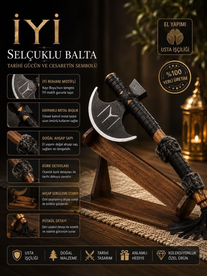 Dekoratif Selçuklu Baltası Ahşap Standlı İYİ Motifli Tarihi Dekor ve Hediyelik