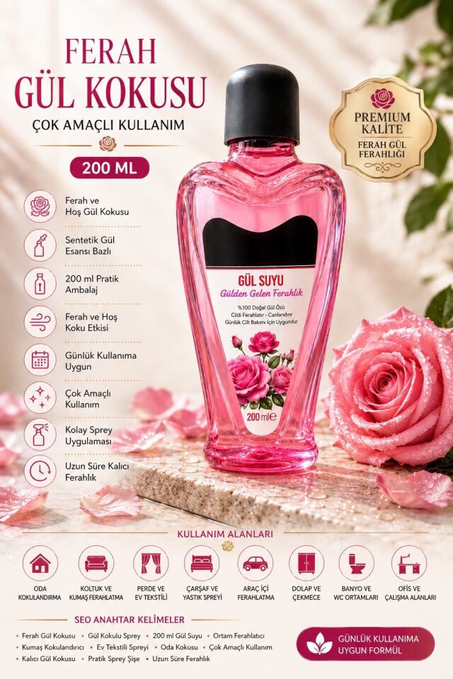 Ferah Gül Kokusu 200 ml | Çok Amaçlı Ortam ve Tekstil Kokusu Spreyi