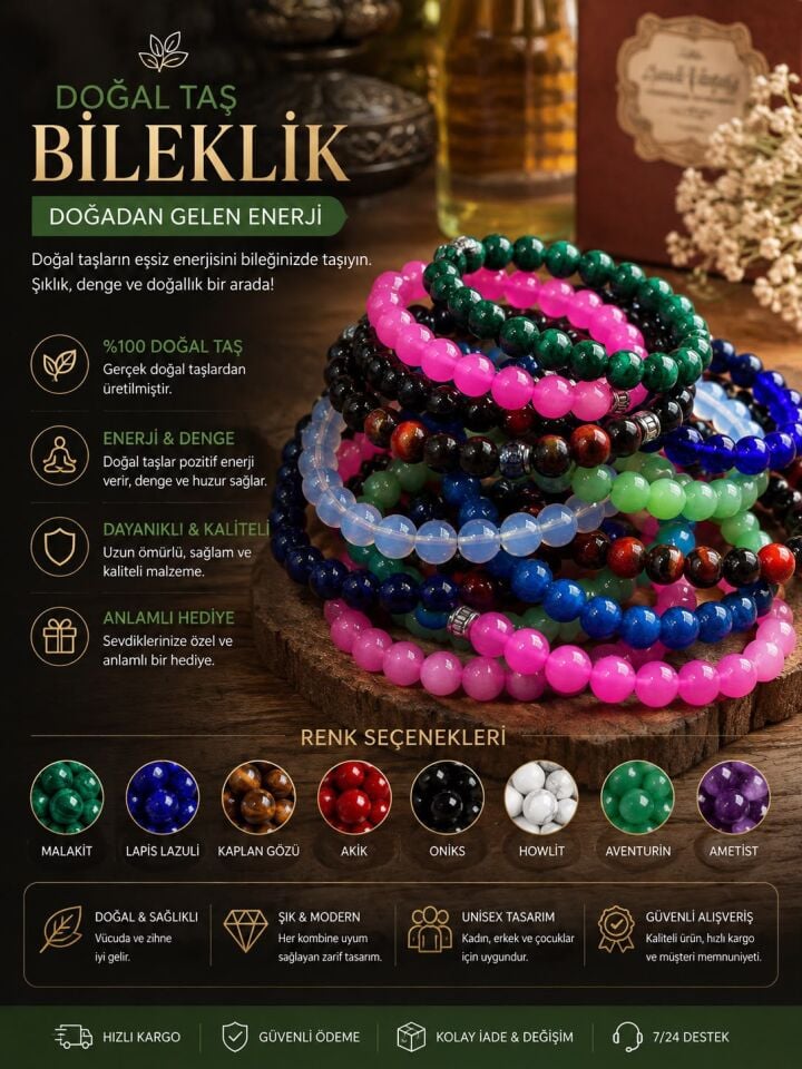 Doğal Taş Bileklik | Karışık Renk Esnek Boncuk Bileklik Malakit Akik Ametist ve Taş Seçenekleri