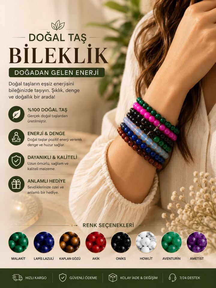 Doğal Taş Bileklik | Karışık Renk Esnek Boncuk Bileklik Malakit Akik Ametist ve Taş Seçenekleri