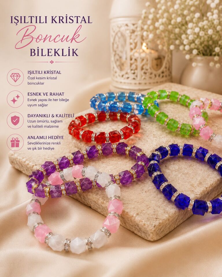 Işıltılı Kristal Boncuk Bileklik | Renkli Özel Kesim Esnek Hediyelik Bileklik