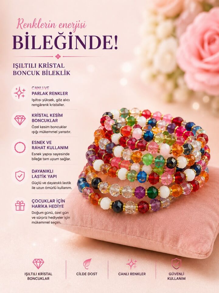 Renkli Kristal Boncuk Bileklik | Esnek Karışık Renk Çocuk Hediyelik Bileklik