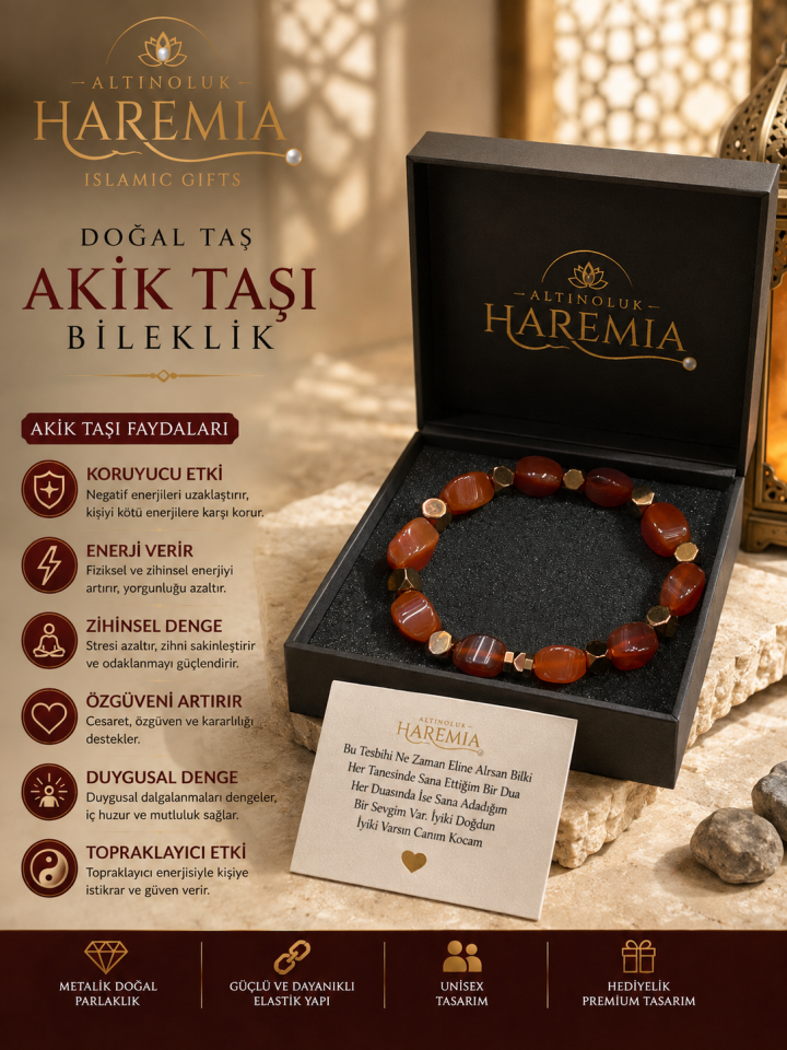 Doğal Akik Taşı Bileklik | Özel Kutulu Esnek Unisex Hediyelik Bileklik