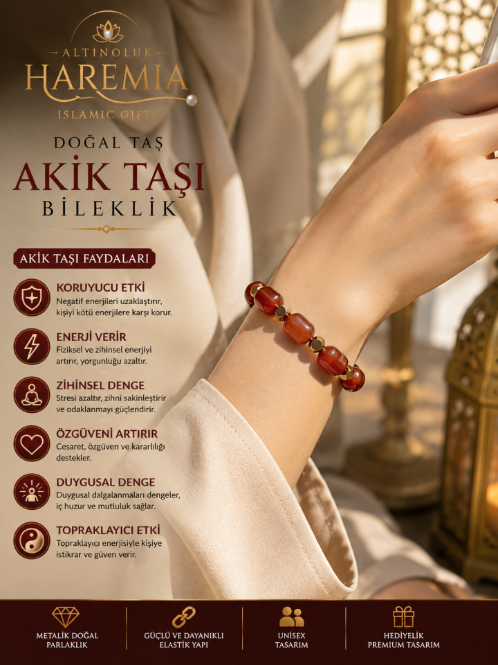 Doğal Akik Taşı Bileklik | Özel Kutulu Esnek Unisex Hediyelik Bileklik