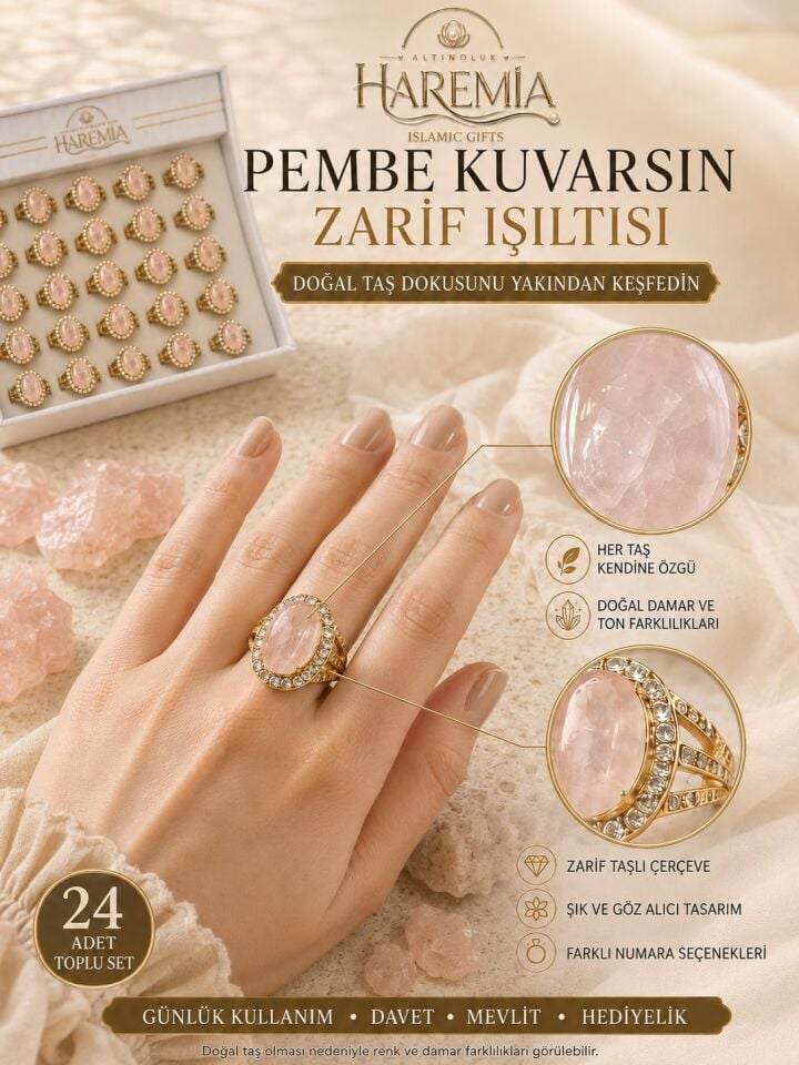 24'lü Pembe Kuvars Doğal Taş Yüzük Toplu Hediyelik Taşlı Yüzük Seti