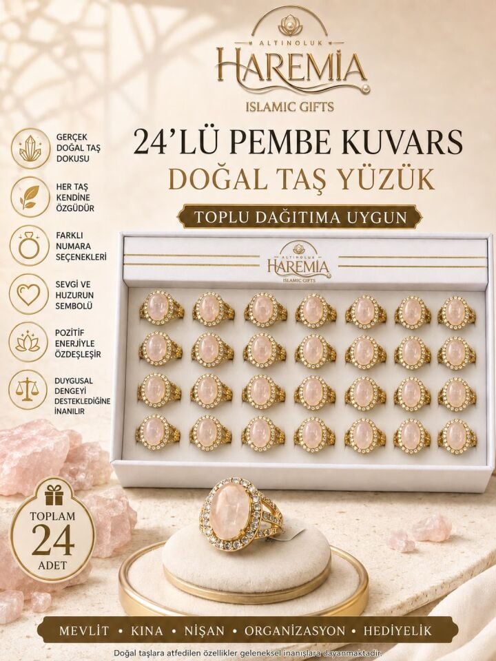 24'lü Pembe Kuvars Doğal Taş Yüzük Toplu Hediyelik Taşlı Yüzük Seti