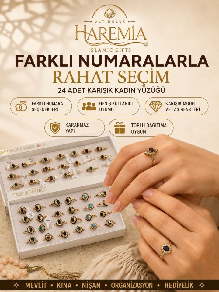 24'lü Karışık Kadın Yüzüğü Farklı Model Renk ve Numaralı Taşlı Toplu Hediyelik Yüzük Seti