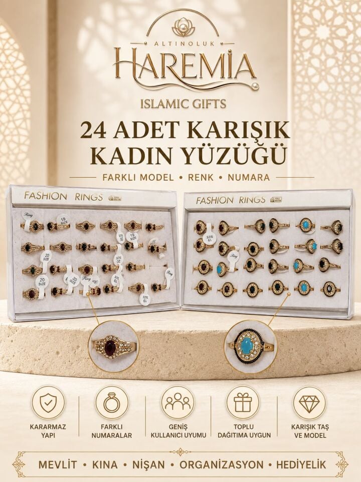 24'lü Karışık Kadın Yüzüğü Farklı Model Renk ve Numaralı Taşlı Toplu Hediyelik Yüzük Seti