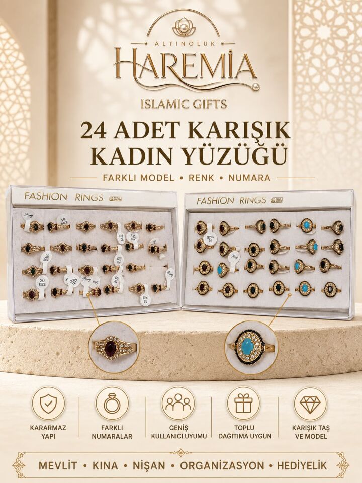 24'lü Karışık Kadın Yüzüğü Farklı Model Renk ve Numaralı Taşlı Toplu Hediyelik Yüzük Seti
