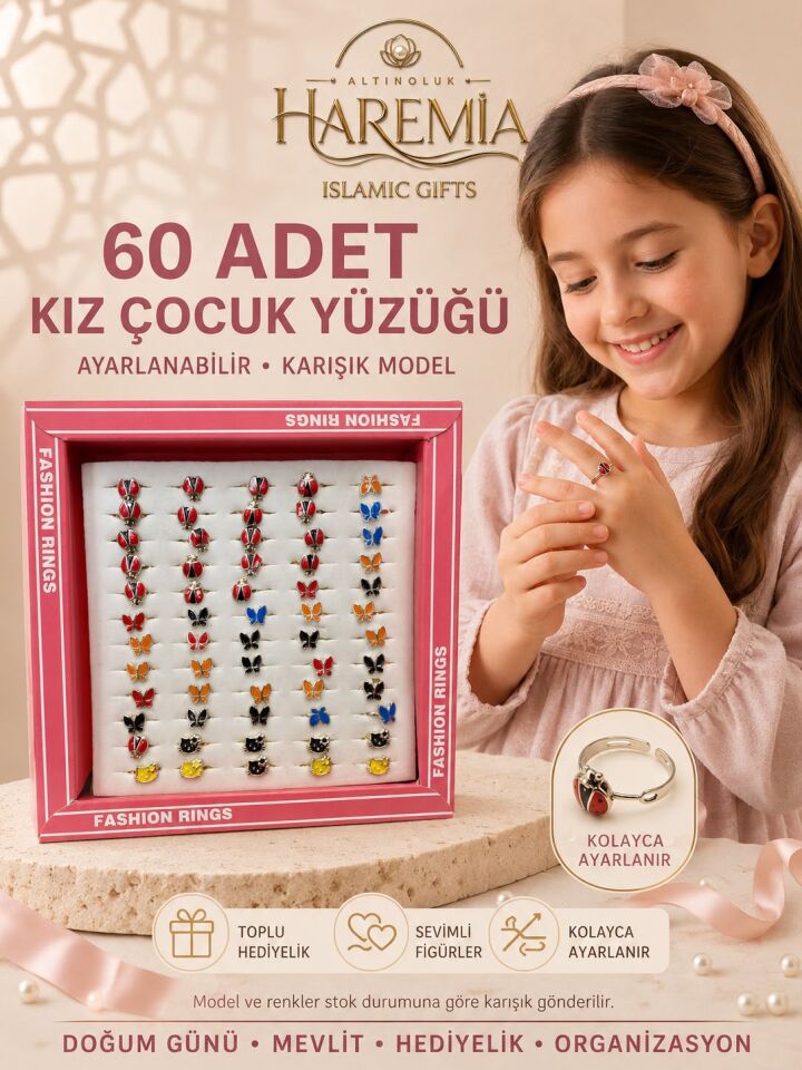 60 Adet Ayarlanabilir Kız Çocuk Yüzüğü Karışık Model Renkli Figürlü Toplu Hediyelik Set