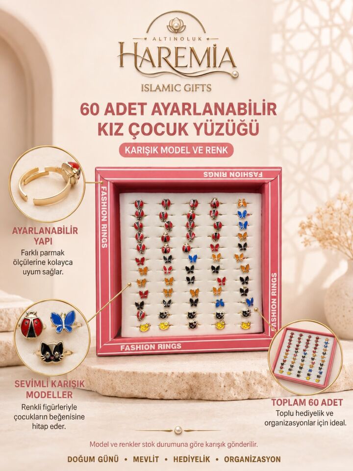 60 Adet Ayarlanabilir Kız Çocuk Yüzüğü Karışık Model Renkli Figürlü Toplu Hediyelik Set