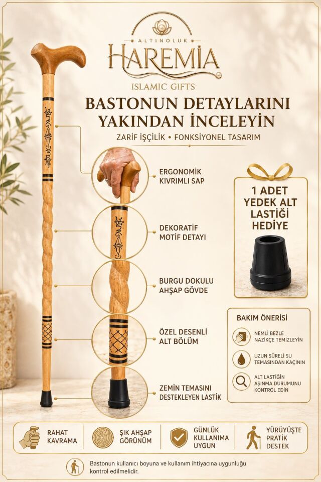 Motifli Ahşap Yürüyüş Bastonu Ergonomik Saplı Alt Lastikli Günlük Baston