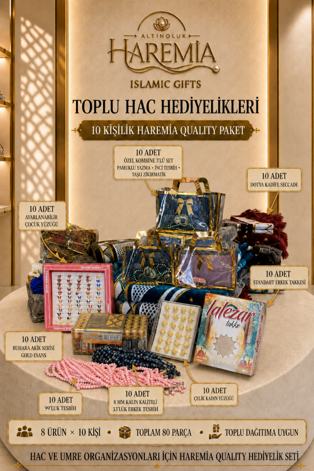 10 Kişilik Haremia Quality Hac Hediyelik Paketi 80 Parça Toplu Hac ve Umre Seti