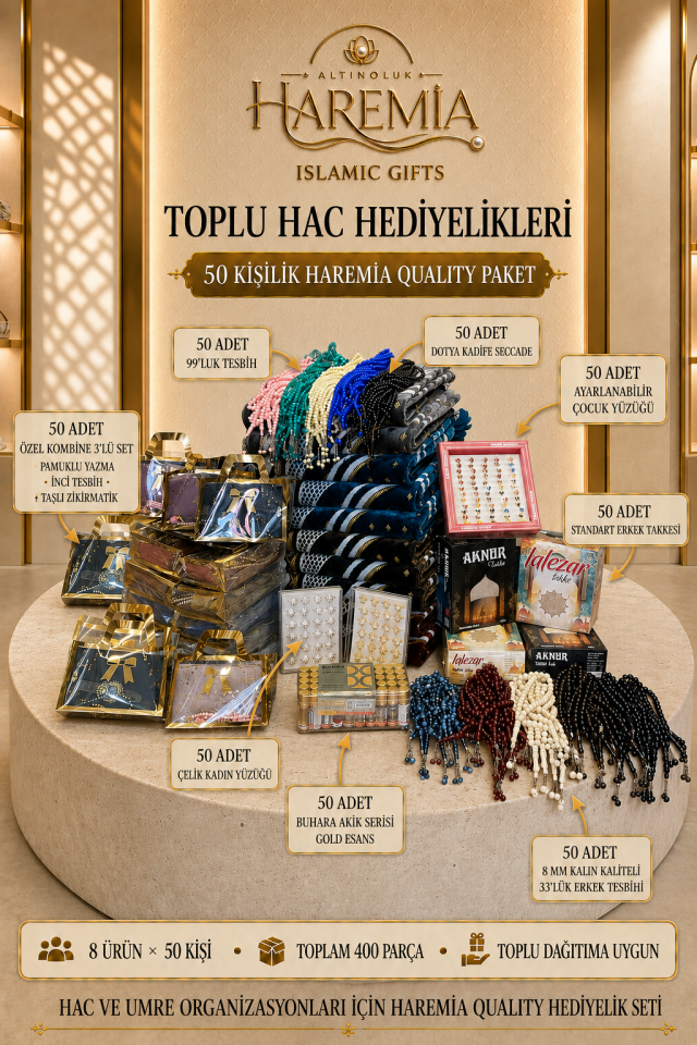 50 Kişilik Haremia Quality Hac Hediyelik Paketi 400 Parça Toplu Hac ve Umre Seti