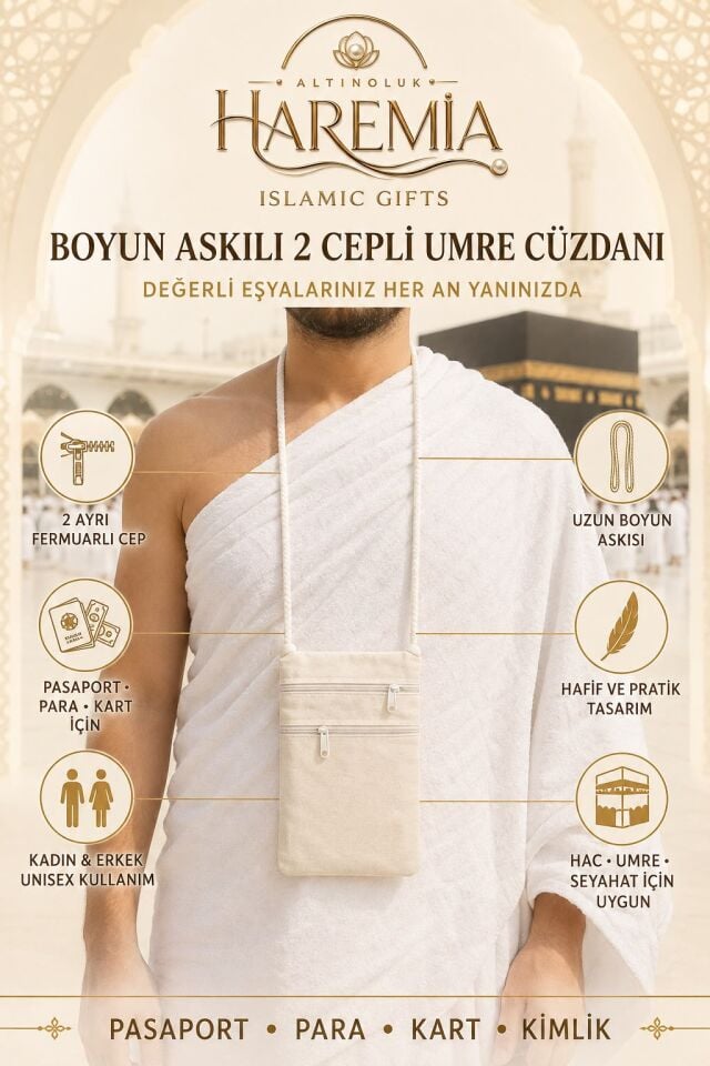 Boyun Askılı 2 Cepli Umre Cüzdanı Hac Seyahat Çantası