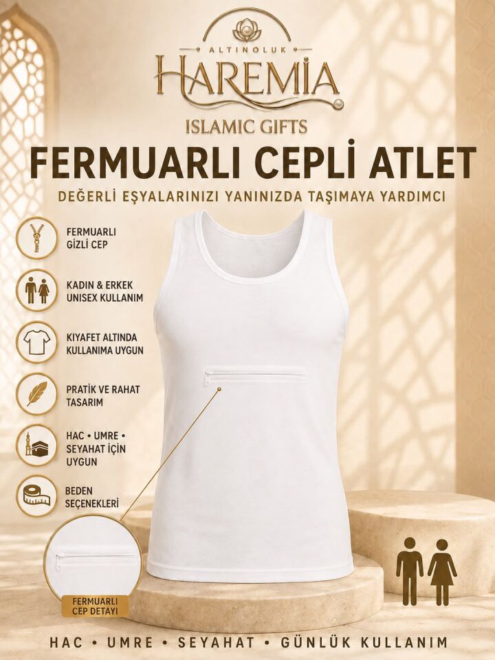 Fermuarlı Cepli Atlet Kadın Erkek Unisex Hac Umre Seyahat Atleti