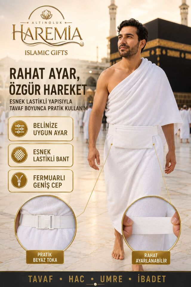Cepli İhram Kemeri – Fermuarlı Geniş Cepli Esnek Lastikli Ayarlanabilir Hac Umre Kemeri