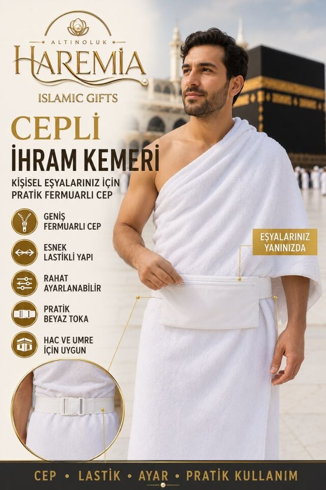 Cepli İhram Kemeri – Fermuarlı Geniş Cepli Esnek Lastikli Ayarlanabilir Hac Umre Kemeri